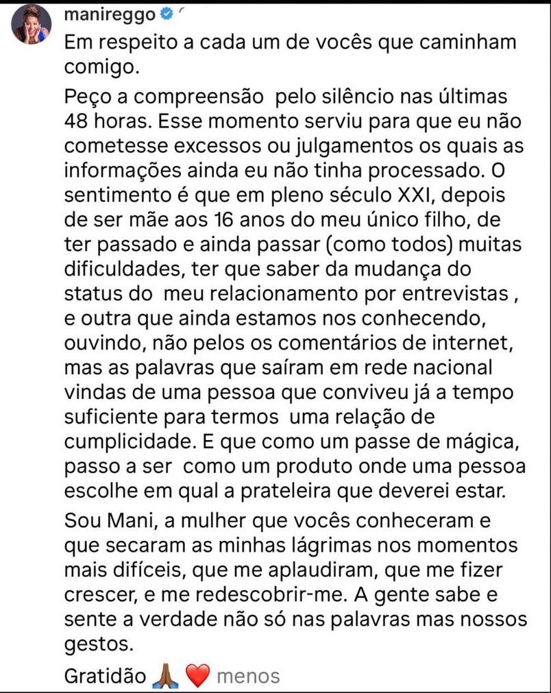 Desabafo de Mani Reggo sobre separação com Davi.