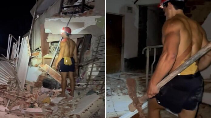 Influenciador Gianpero Fusco grava vídeo em área destruída pelos terremotos na cidade de La Guaira, na Venezuela.