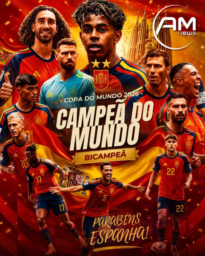 Jogadores da Espanha comemoram o bicampeonato da Copa do Mundo após a vitória por 1 a 0 sobre a Argentina na prorrogação.