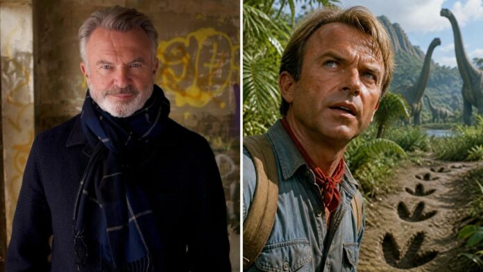 Sam Neill durante evento de divulgação de filme. O ator neozelandês, conhecido por interpretar Alan Grant em Jurassic Park, morreu aos 78 anos.