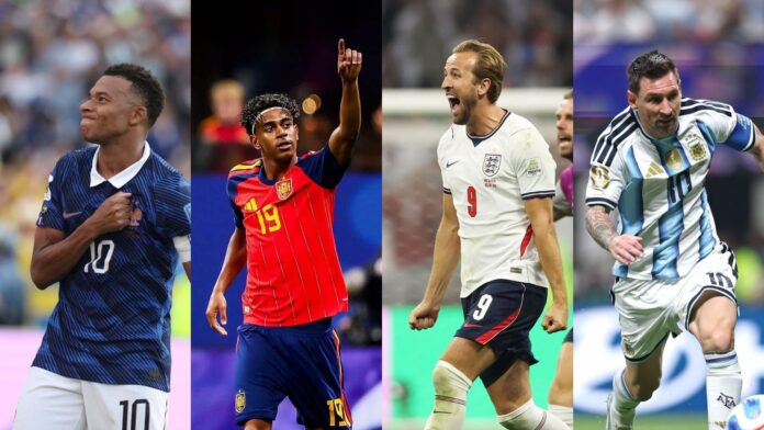 Representação das seleções de França, Espanha, Inglaterra e Argentina classificadas para as semifinais da Copa do Mundo 2026.