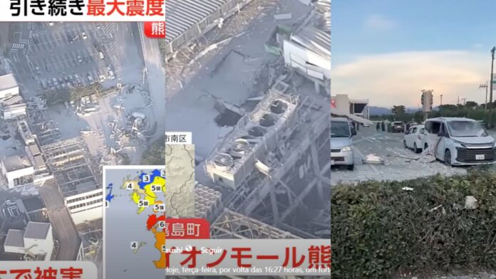 Shopping parcialmente destruído após terremoto de magnitude 7,1 atingir Kumamoto, no sul do Japão.