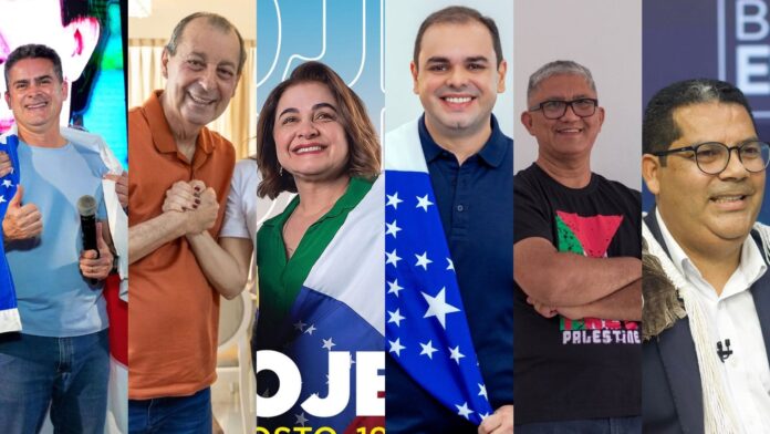Montagem com os seis candidatos escolhidos pelos partidos para disputar o Governo do Amazonas em 2026.