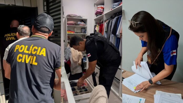 Policiais civis durante a Operação Avalanche contra grupo suspeito de aplicar golpes milionários em Manaus.