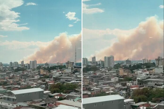 Coluna de fumaça provocada por incêndio em vegetação nas proximidades do distrito de Cacau Pirêra, em Iranduba.