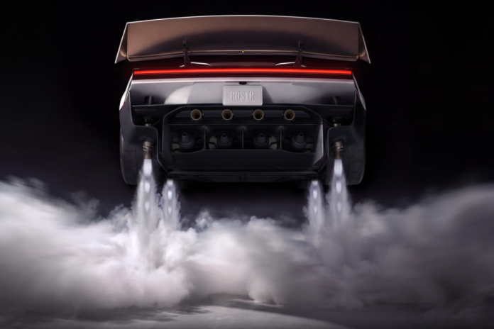 Tesla Roadster equipado com propulsores durante apresentação do protótipo no Texas.