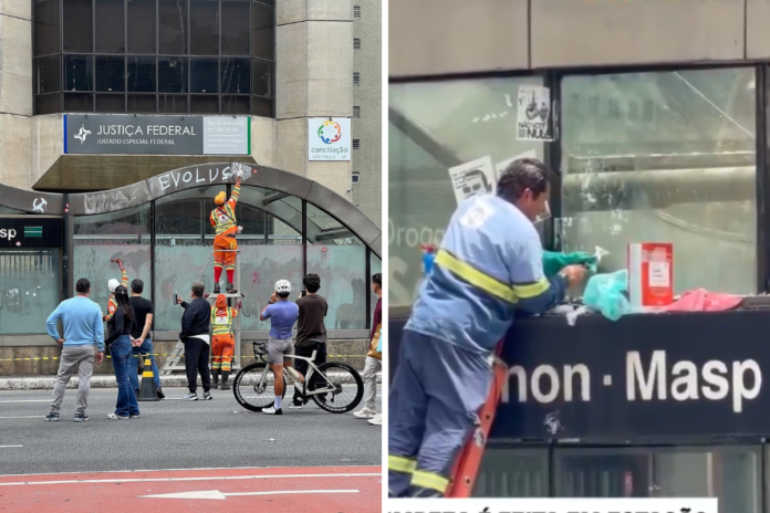 Agentes da Prefeitura de SP limpa pichações após manifestação pró-Lula na Avenida Paulista