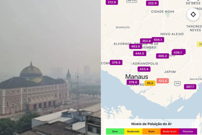 Fumaça em Manaus encobre prédios e reduz a visibilidade na capital amazonense.